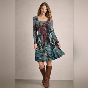 Peruvian Connection Floral Viscose Knit Dress M | Teal Burgundy Fit & Flare
